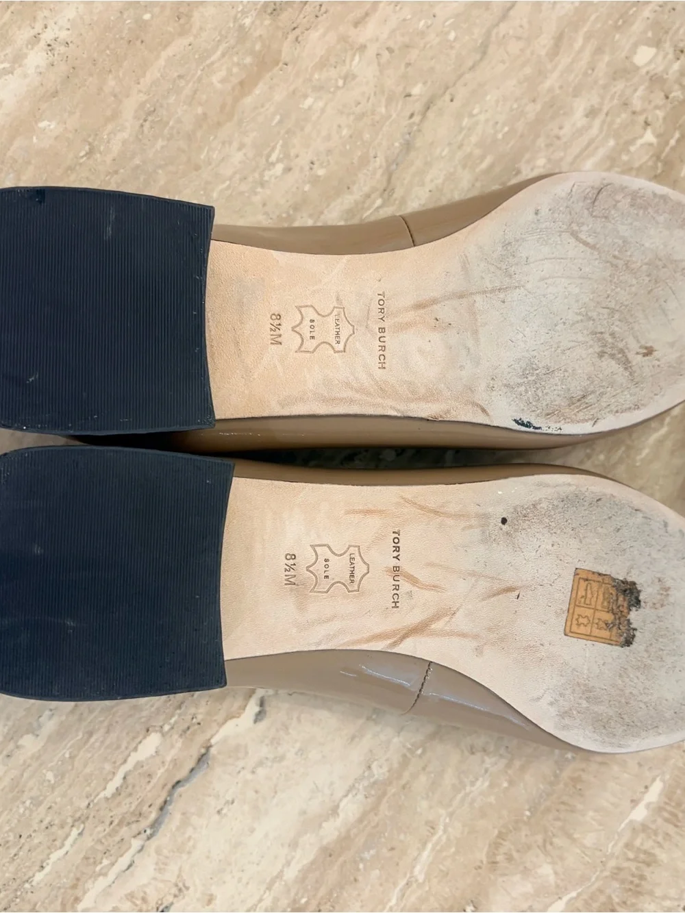 Tory Burch Georgia in Almond  Patent Leather Square-Toe Flats with Logo Plaque